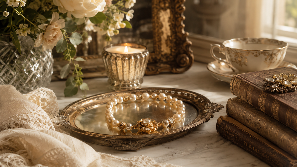 A pearl bracelet on a silver tray surrounded by vintage books, white roses, and candlelight — evoking the timeless elegance of Belcaro Heirlooms