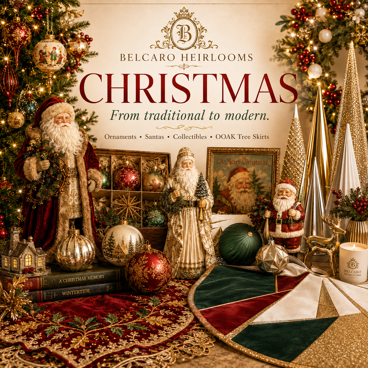 Christmas - From traditional to modern. Ornaments, Santas, Collectibles & OOAK Tree Skirts.