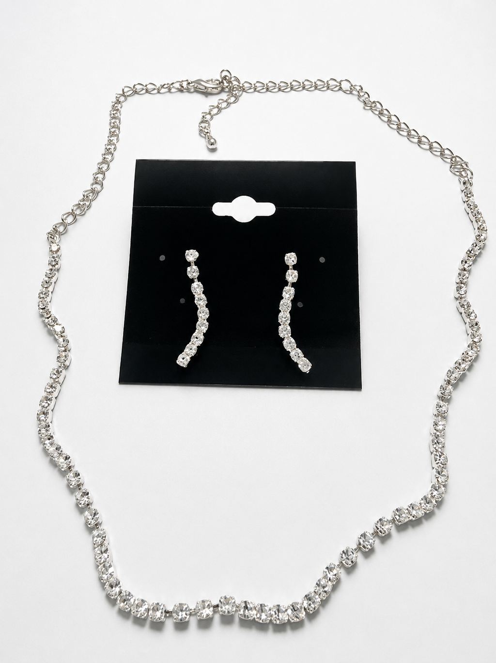 New Silver Tone Clear Rhinestone Necklace Earrings Set 17" Formal Evening Jewelry