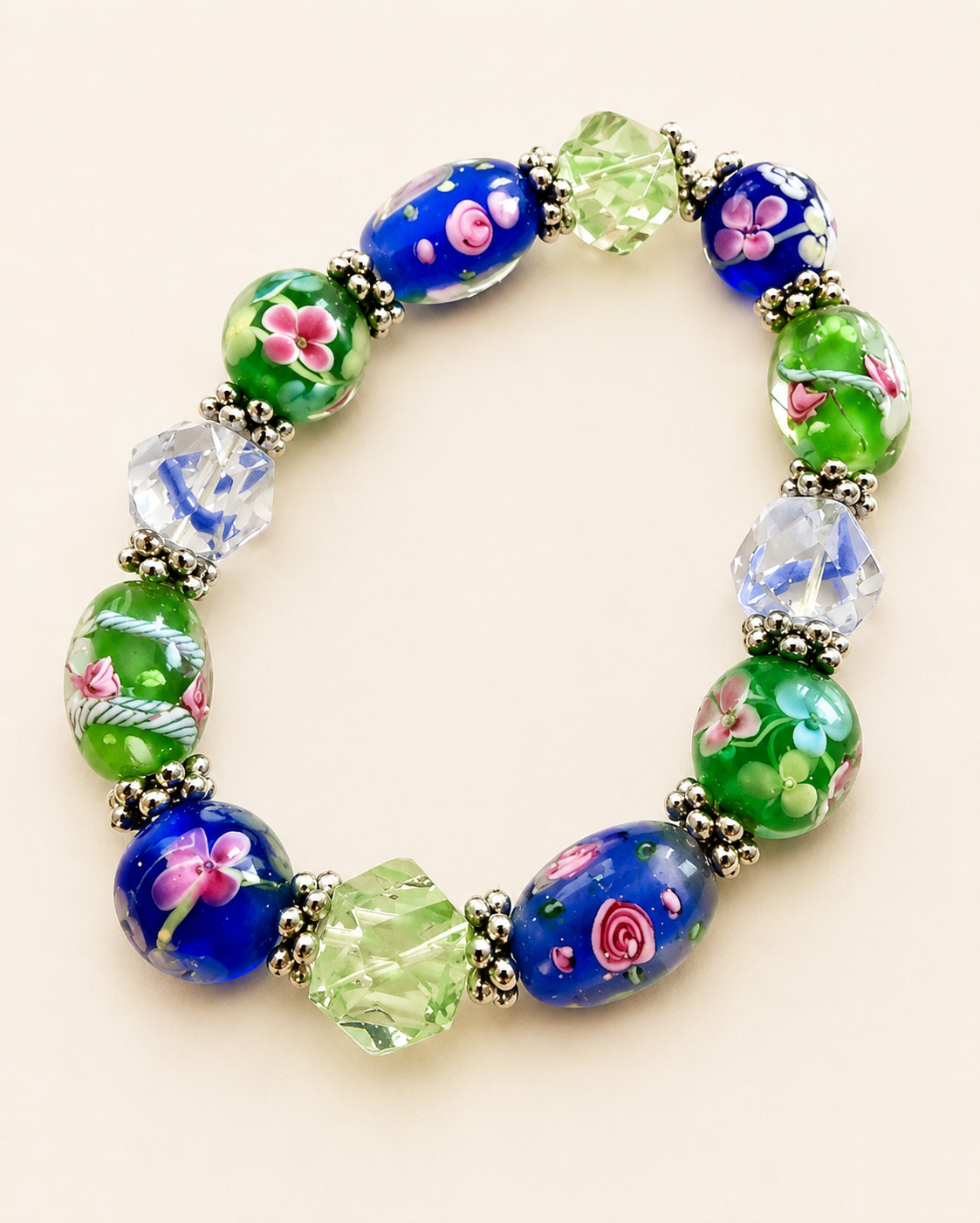 Wedding Cake Lampwork Glass Stretch Bracelet Blue Green Floral Beads