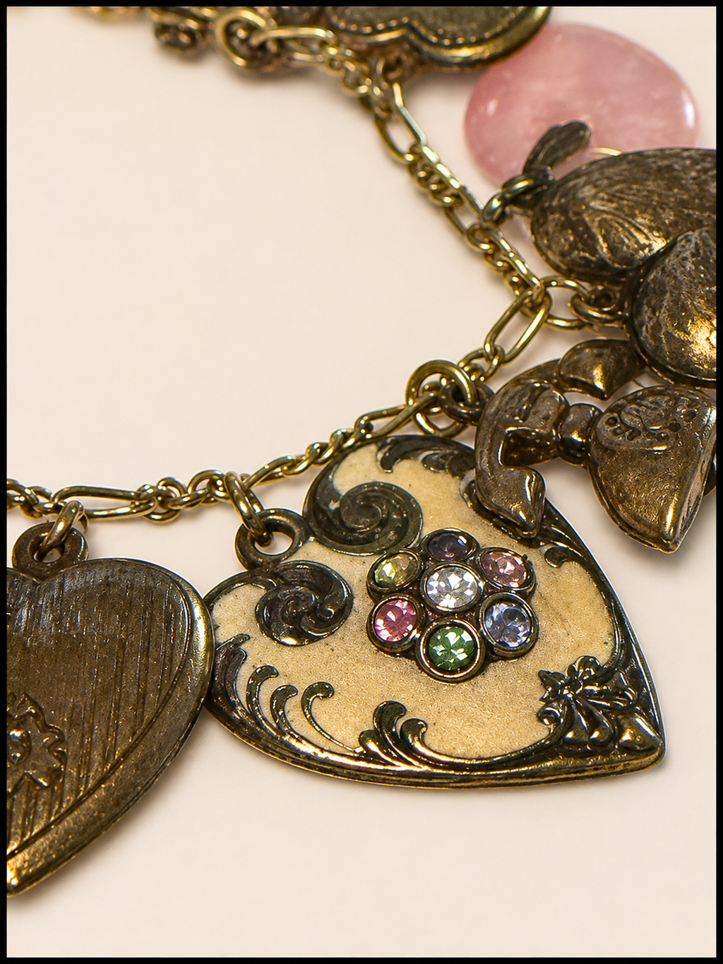 Anne Koplik Designs Charm Bracelet Antiqued Brass Hearts Rhinestone Vintage Styl
