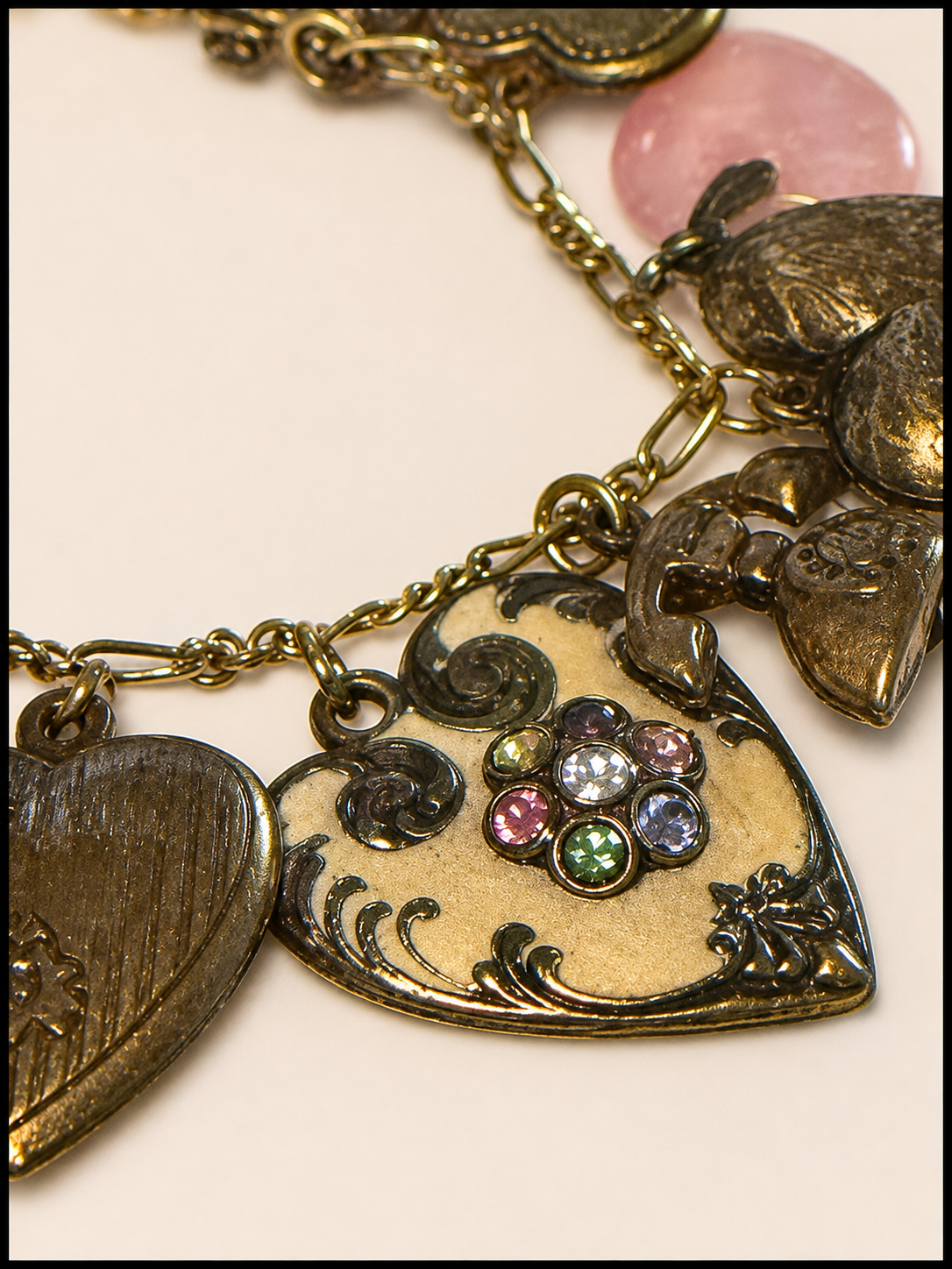 Anne Koplik Designs Charm Bracelet Antiqued Brass Hearts Rhinestone Vintage Styl