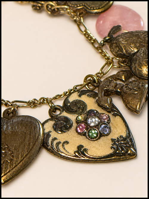 Anne Koplik Designs Charm Bracelet Antiqued Brass Hearts Rhinestone Vintage Styl