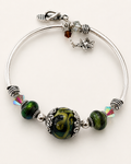 Handmade Artisan Lampwork Art Glass Bangle Bracelet Green Swirl Beads Leaf Charm