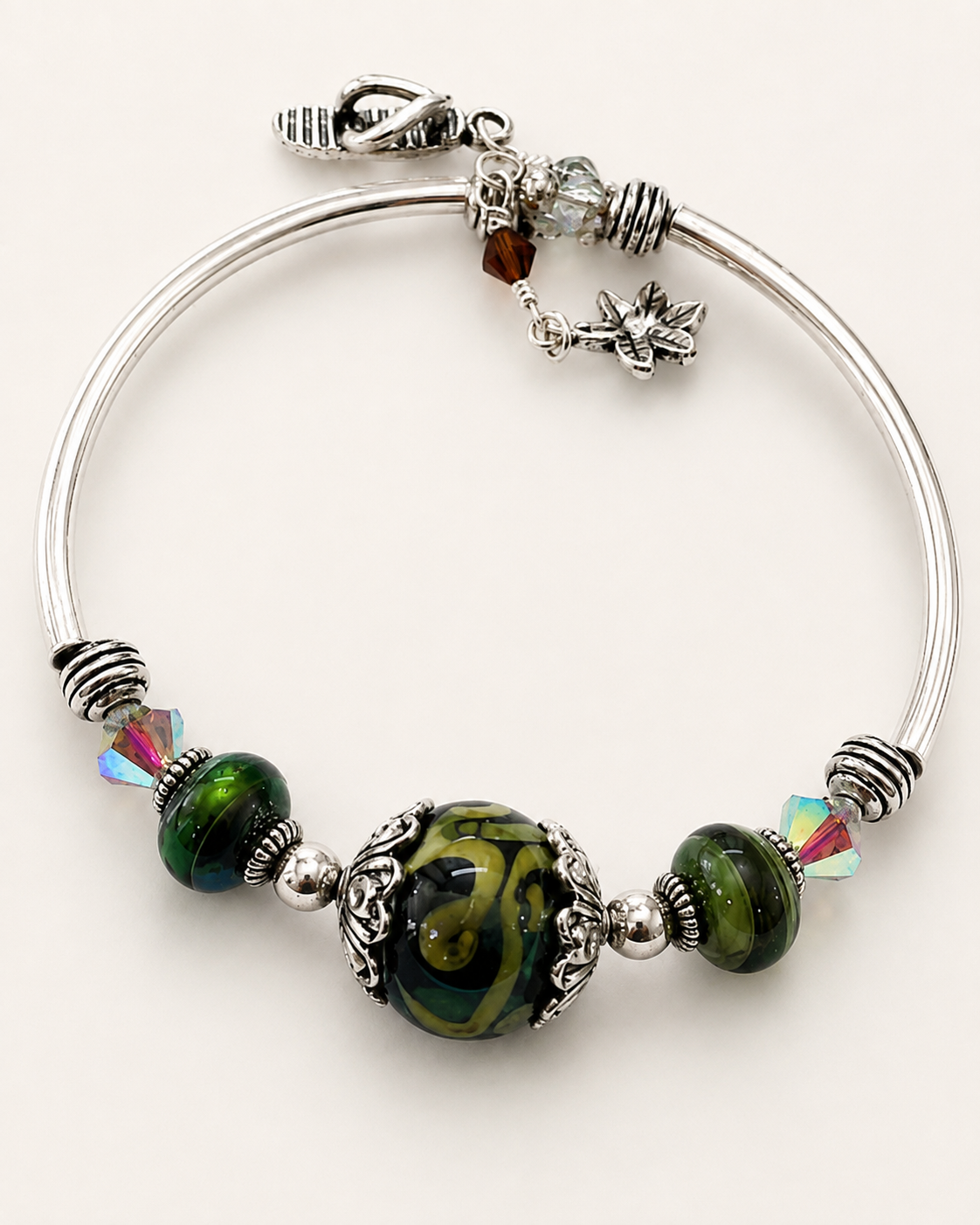 Handmade Artisan Lampwork Art Glass Bangle Bracelet Green Swirl Beads Leaf Charm