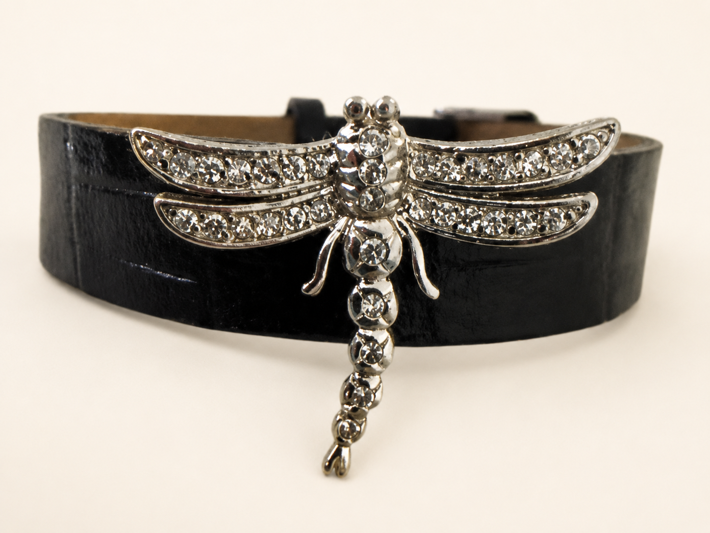 Black leather Band with Sterling Silver Dragonfly Bracelet
