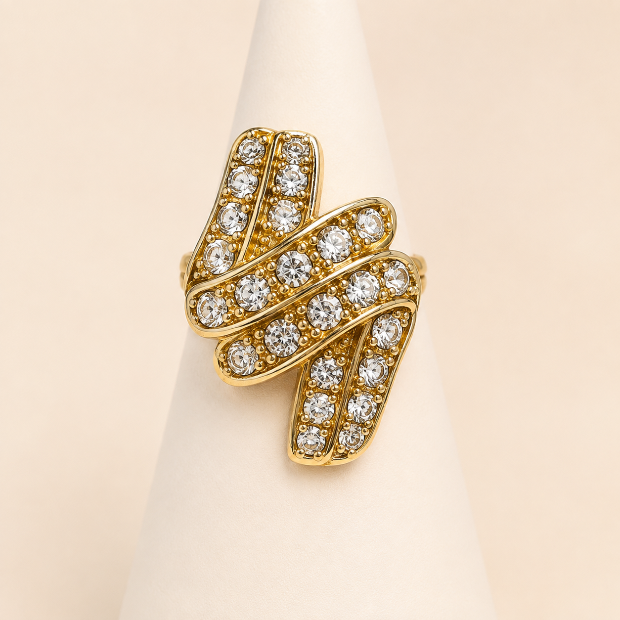 Gold Tone Clear Rhinestone Crisscross Knot Cocktail Ring Size 8.5