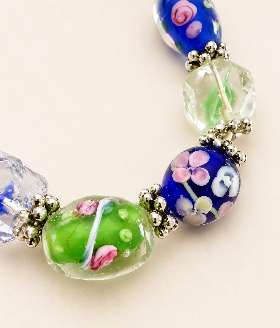 Wedding Cake Lampwork Glass Stretch Bracelet Blue Green Floral Beads