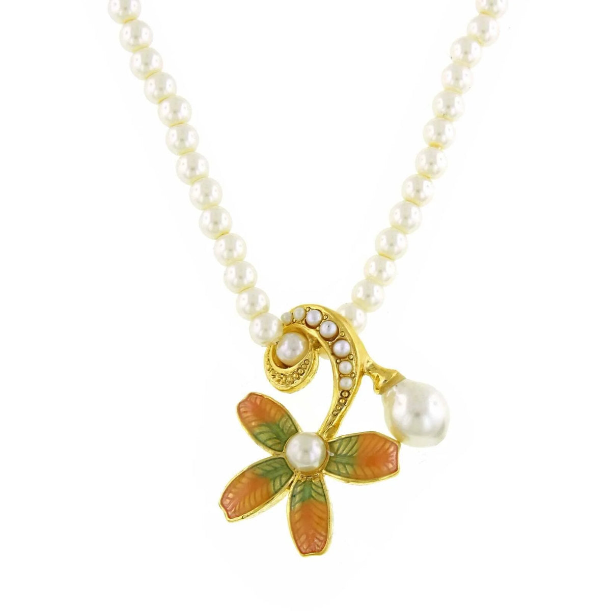 Antiquities Couture Fantasia Fiori 4mm Faux Pearl Strand Floral Pendant Necklace 16" + 3" Extender