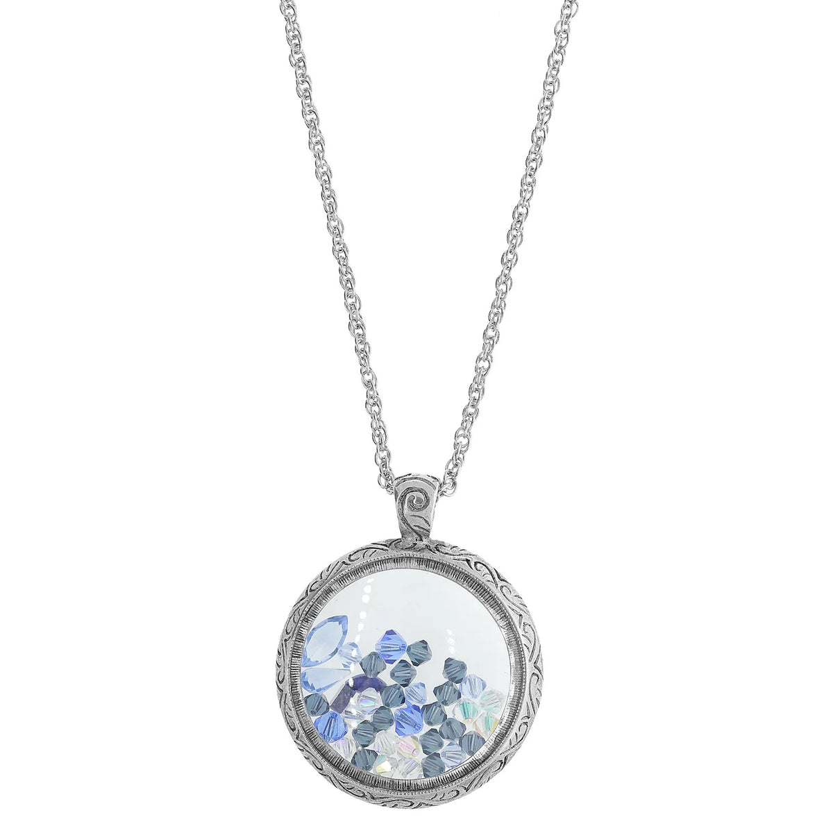 Round Glass With Blue Crystal Beads Pendant Necklace 30"