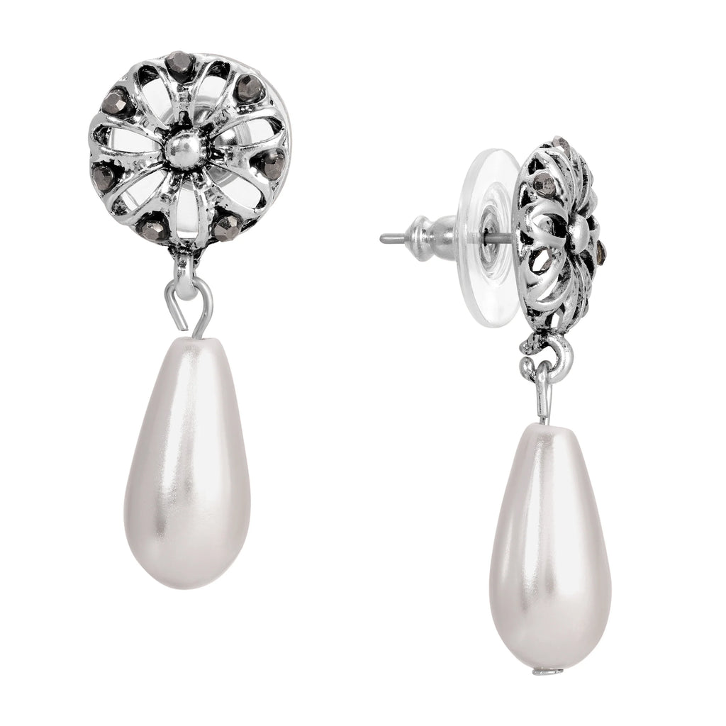 Silver Round Filigree Flower Hematite & Gray Faux Pearl Teardrop Stud Earrings