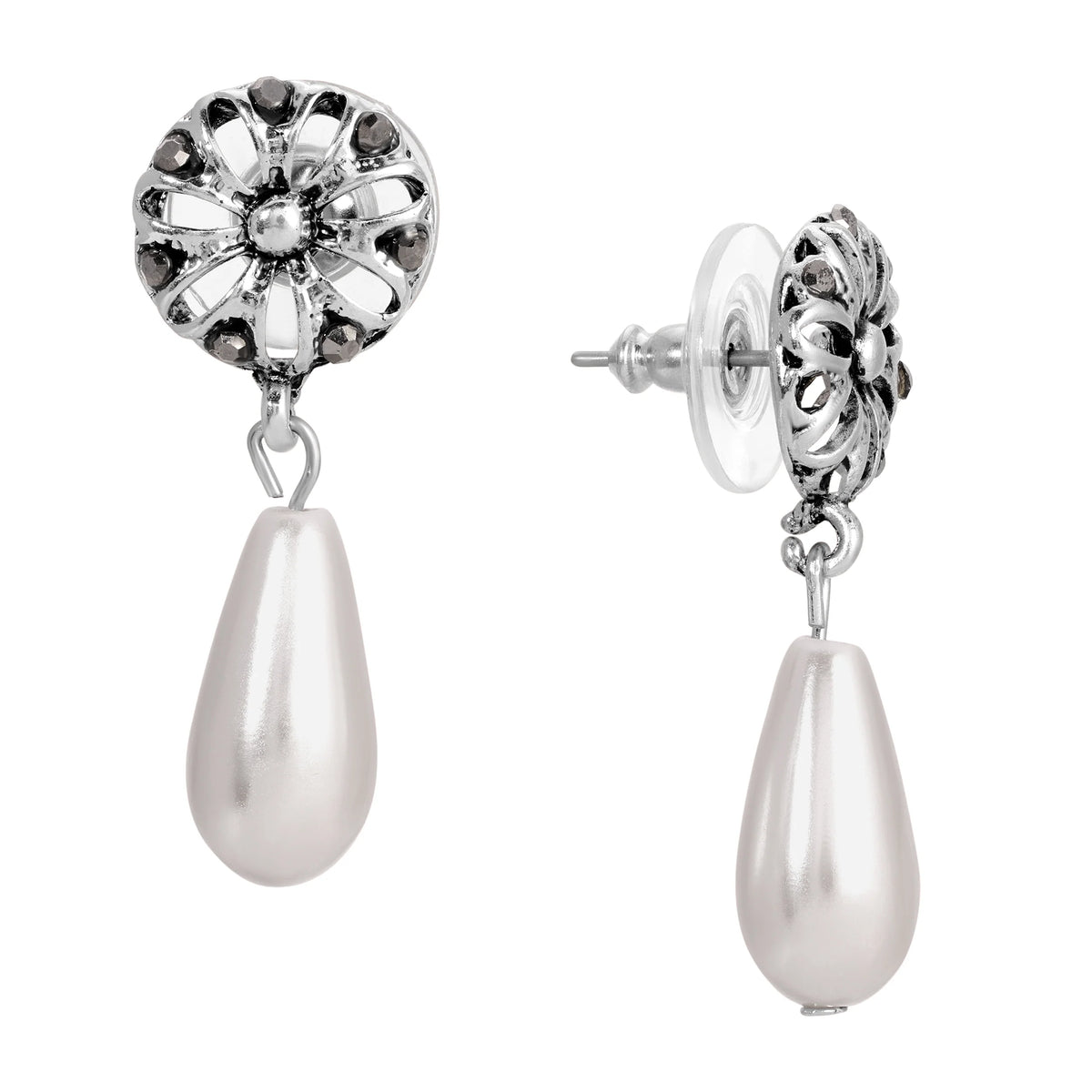 Silver Round Filigree Flower Hematite & Gray Faux Pearl Teardrop Stud Earrings