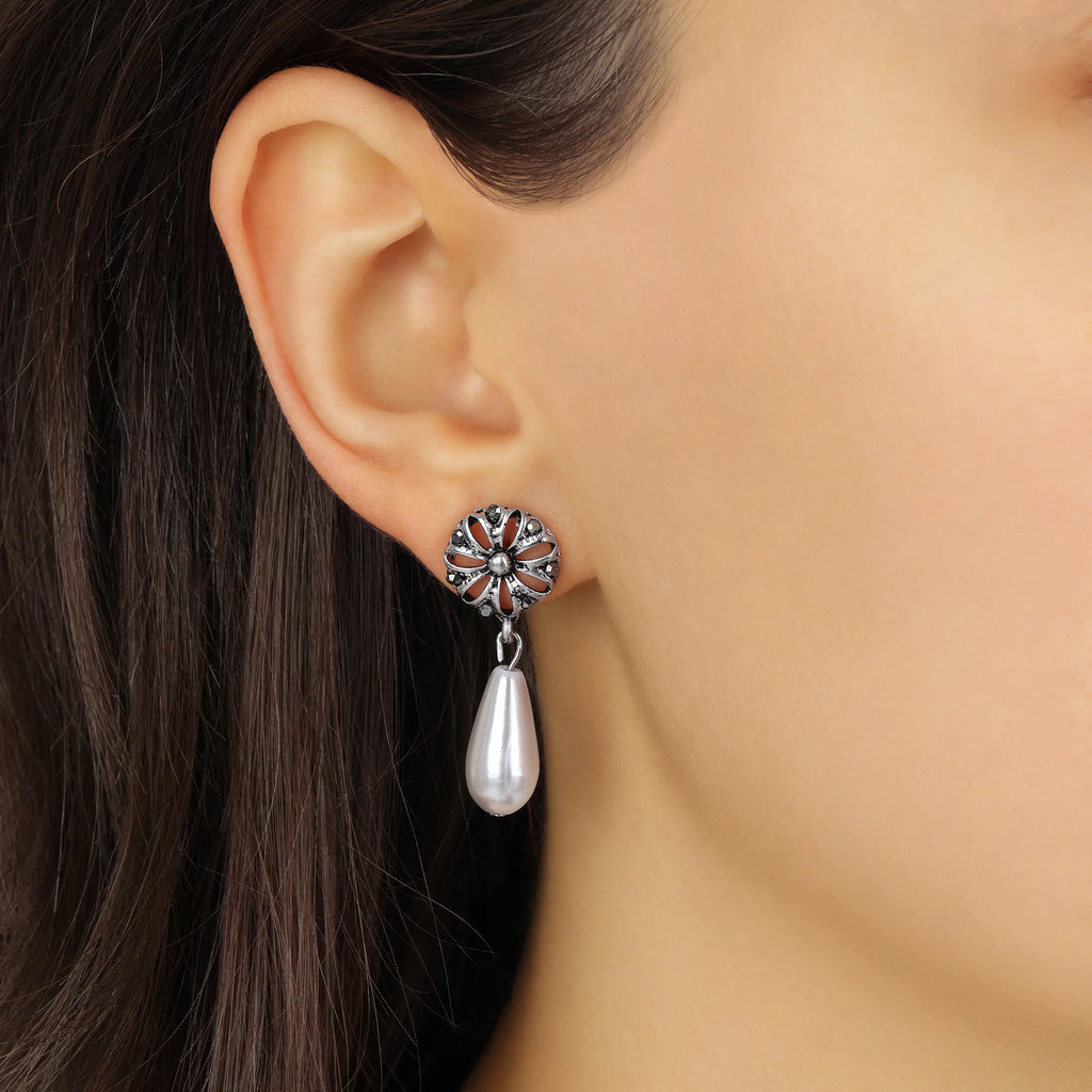 Silver Round Filigree Flower Hematite & Gray Faux Pearl Teardrop Stud Earrings