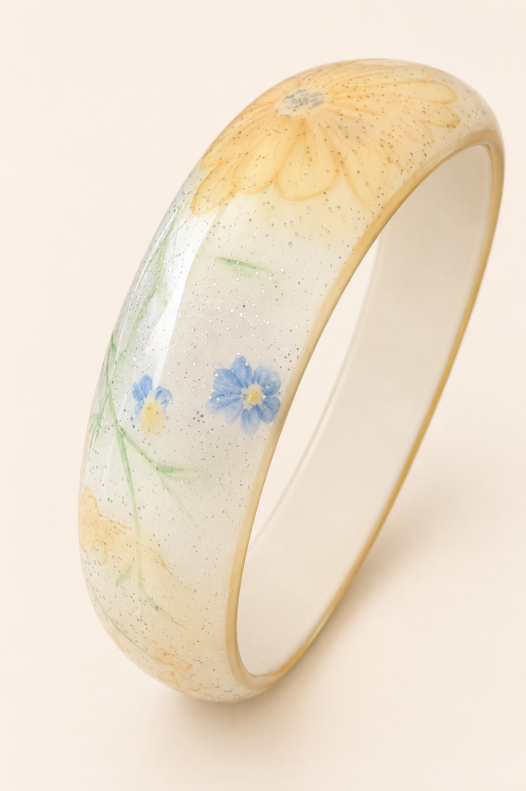 Vintage 1970s Floral Glitter Lucite Bangle Bracelet Blue Yellow 1.25" Wide