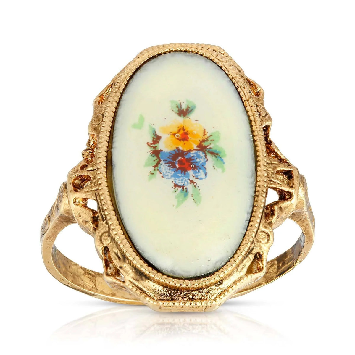 Ivory Enamel Blue & Yellow Flower Ring Size 7