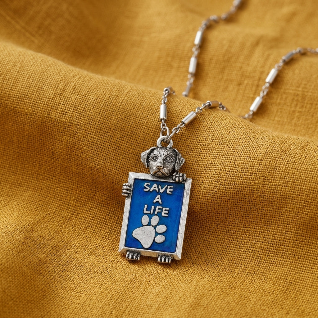 Pewter Dog Blue Enamel Save A Life Pendant Necklace 28"