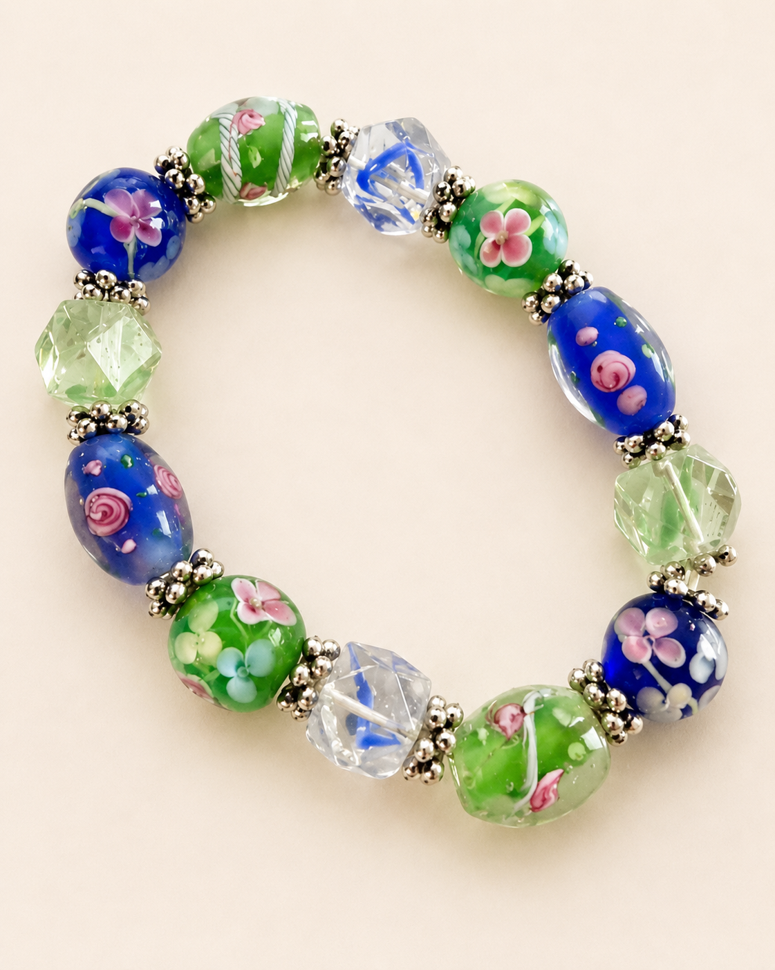 Wedding Cake Lampwork Glass Stretch Bracelet Blue Green Floral Beads