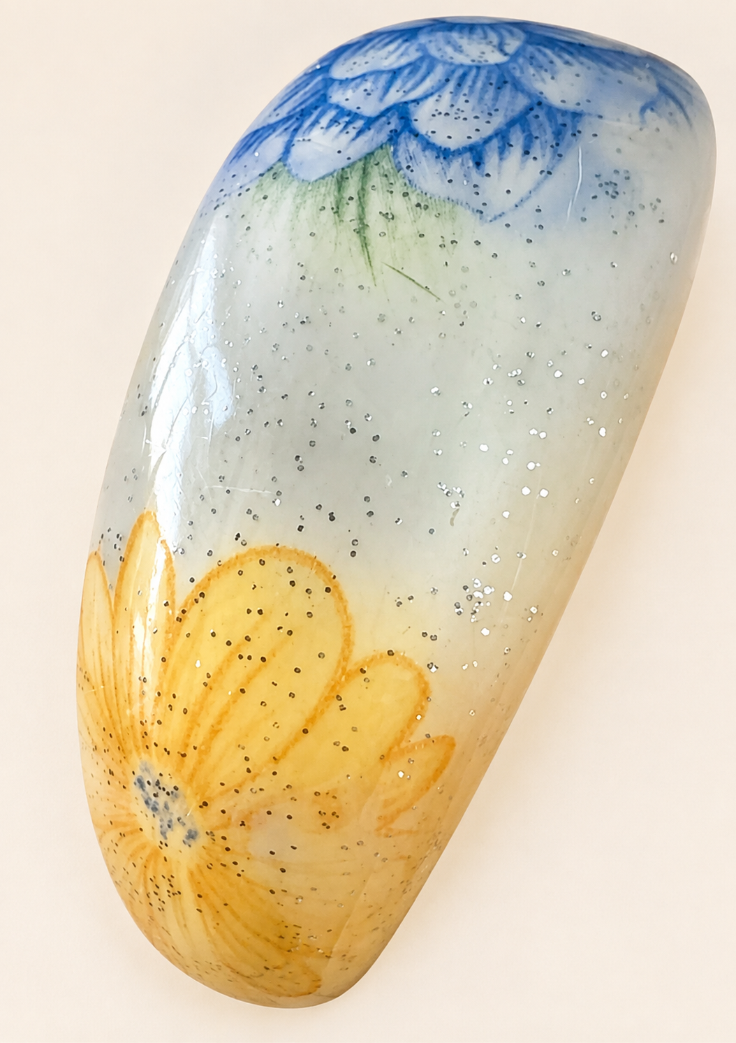 Vintage 1970s Floral Glitter Lucite Bangle Bracelet Blue Yellow 1.25" Wide