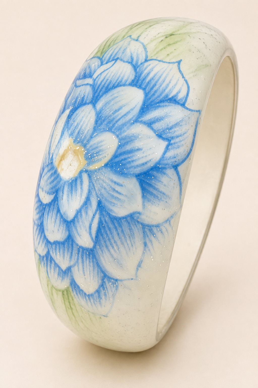 Vintage 1970s Floral Glitter Lucite Bangle Bracelet Blue Yellow 1.25" Wide