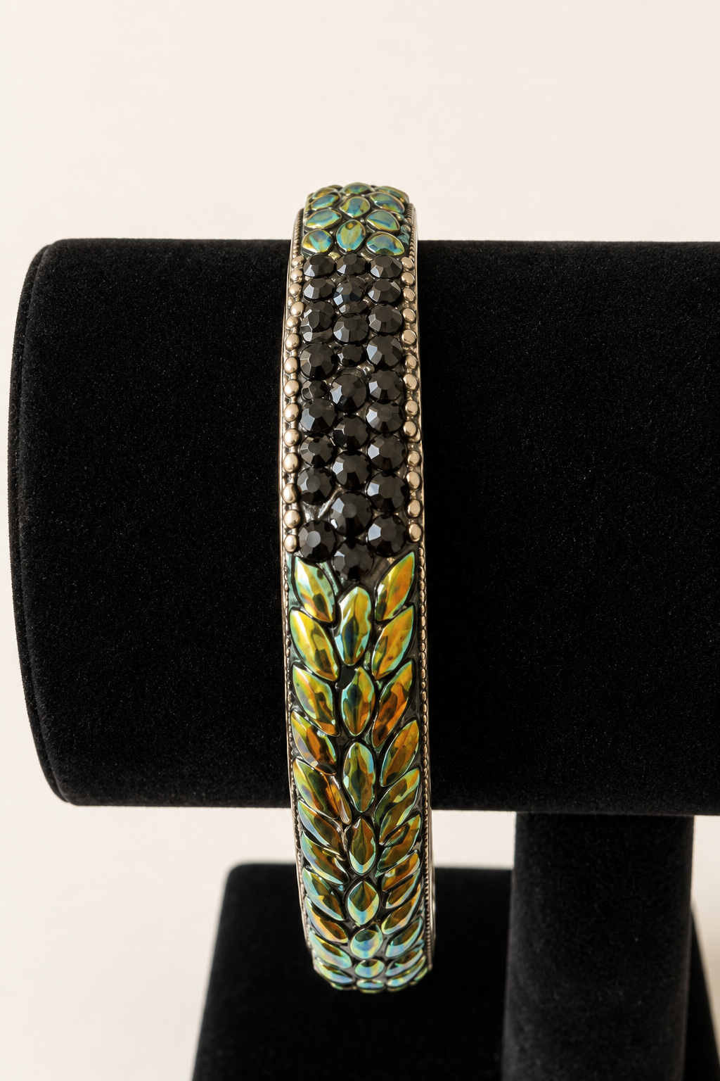 Iridescent Marquise Rhinestone Black Crystal Silver Tone Bangle Bracelet