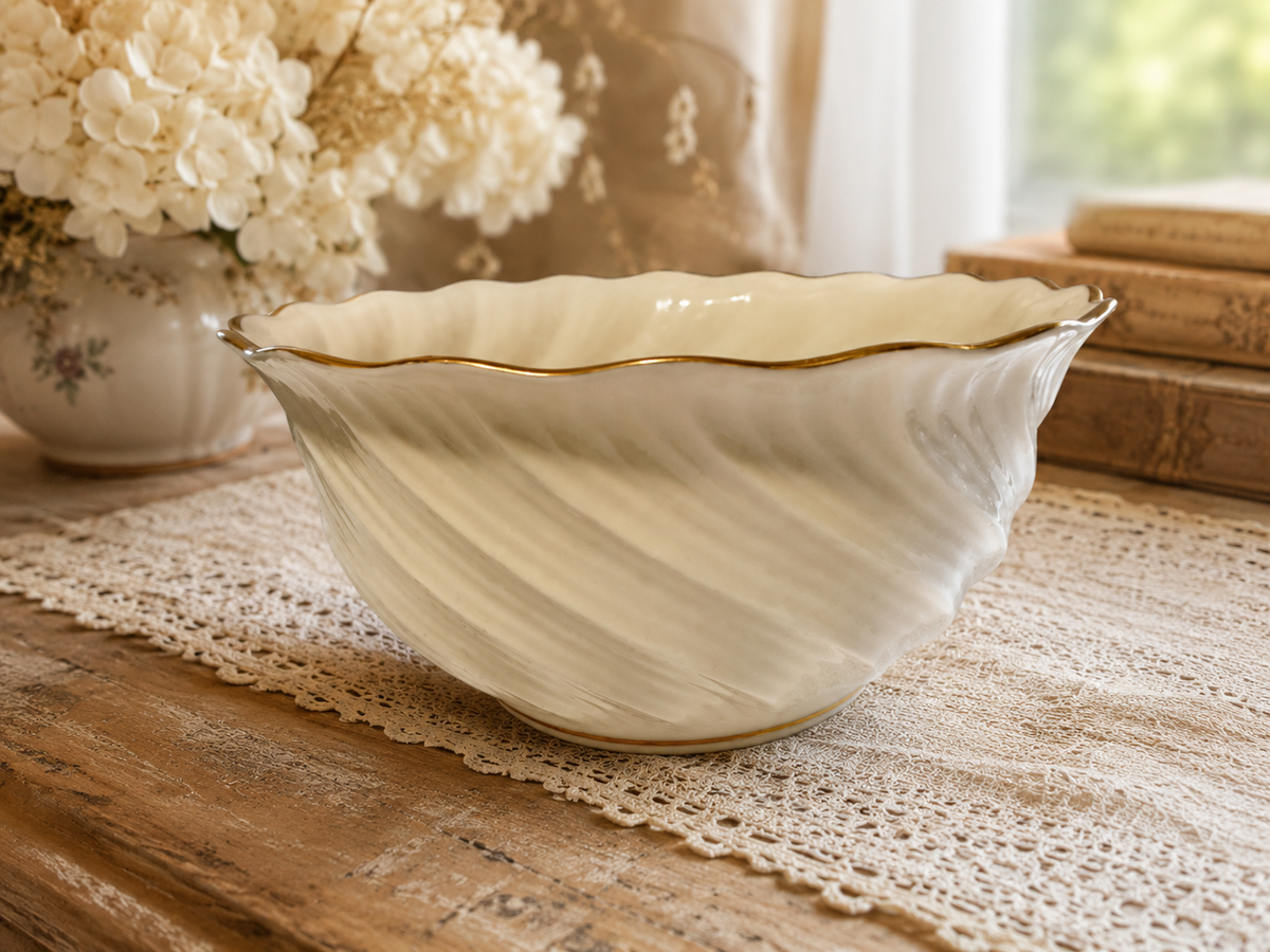 Vintage Lenox Richmond Swirl Bowl 24K Gold Trim Ivory Porcelain Made in USA