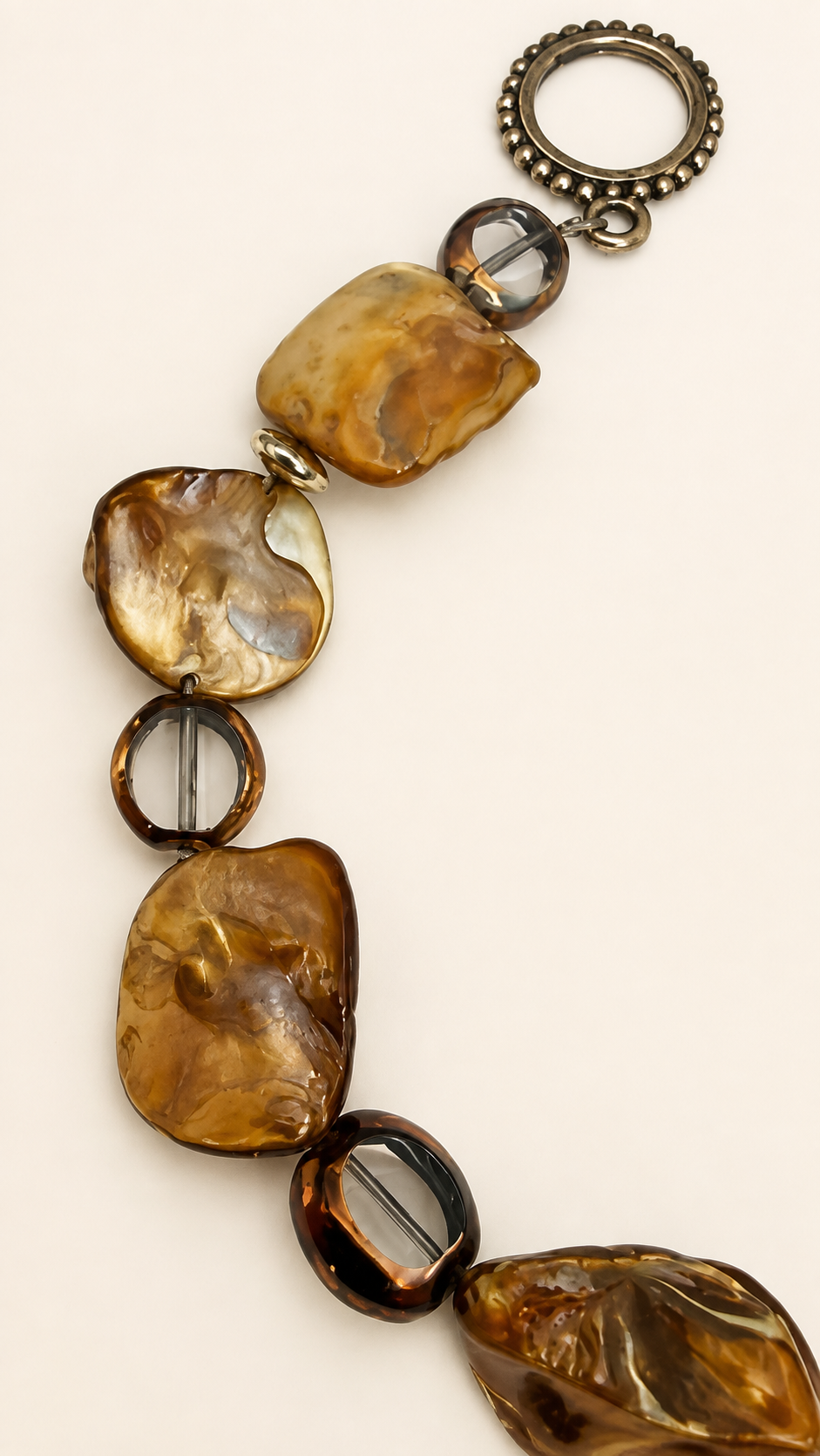 8" Brown Mother of Pearl Shell Nugget Smoky Glass Bead Toggle Bracelet