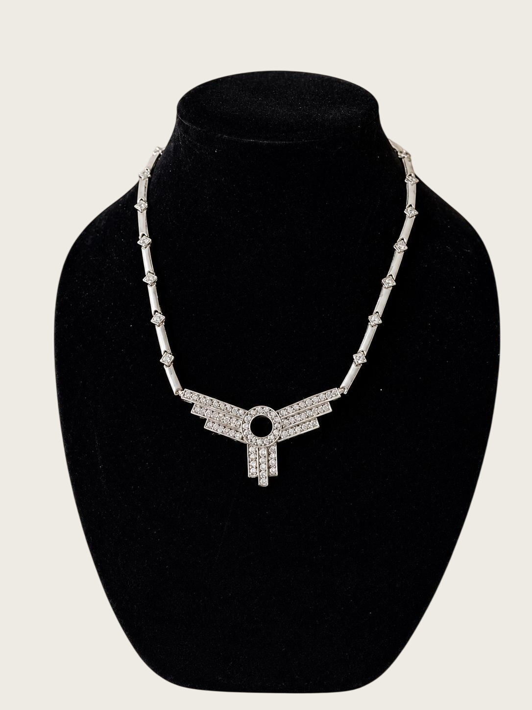 Belcaro Heirlooms vintage Art Deco revival silver-tone statement necklace with geometric rhinestone fan pendant