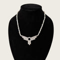 Belcaro Heirlooms vintage Art Deco revival silver-tone necklace with a geometric rhinestone fan pendant on display.