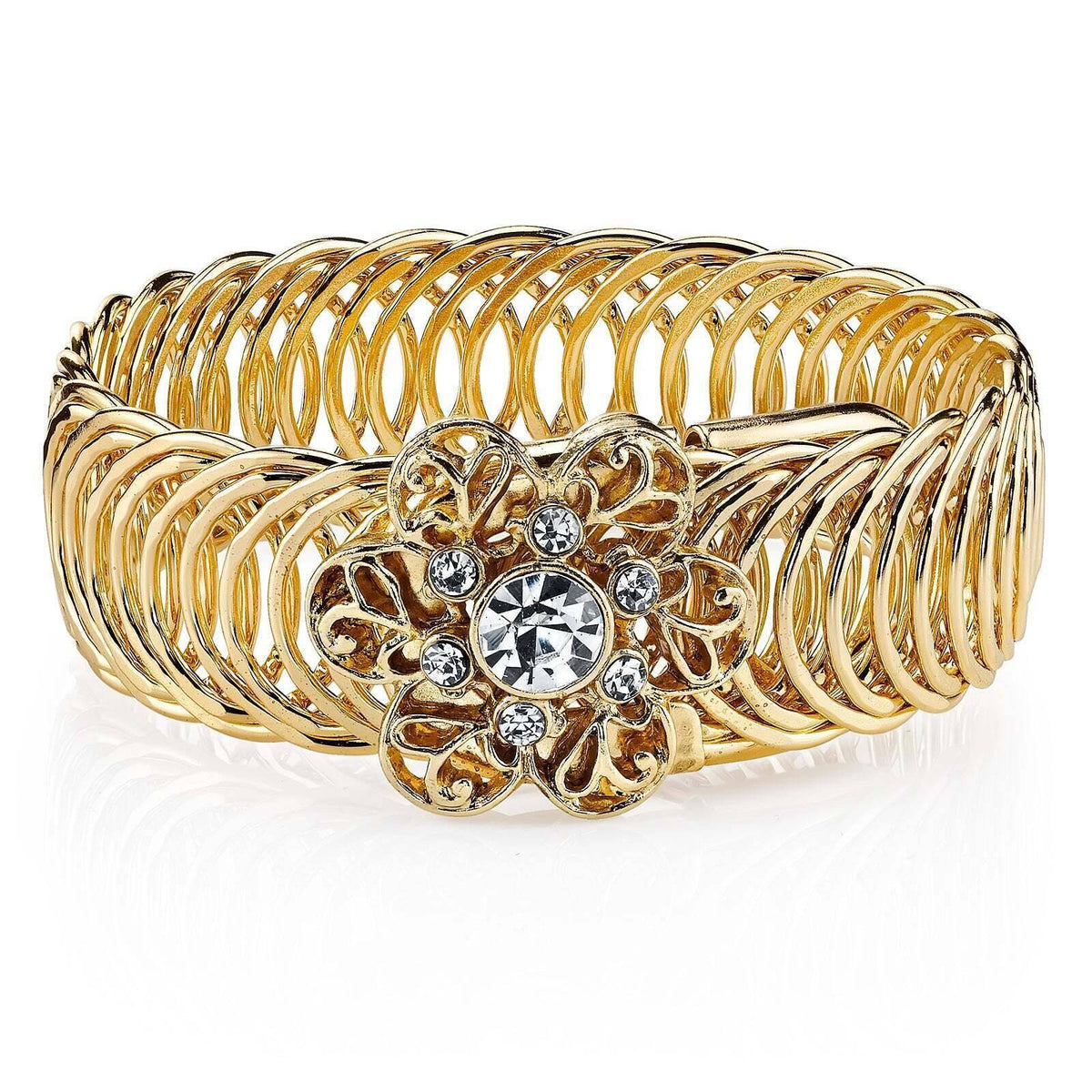 Crystal Flower Metal Weave Overlay Belt Bracelet