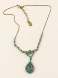 Vintage Style Aqua Blue Rhinestone Teardrop Pendant Necklace Gold Tone 17"