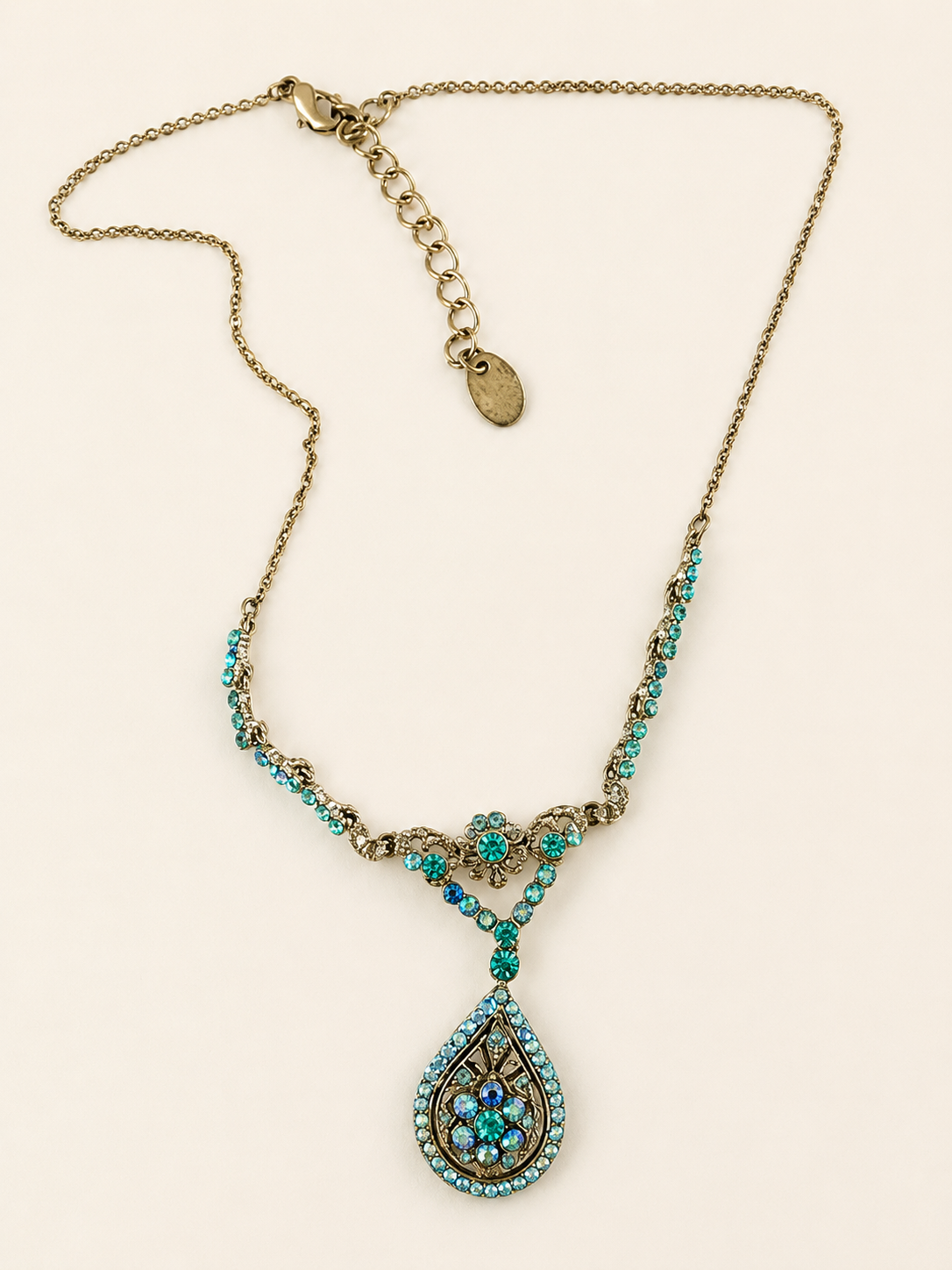 Vintage Style Aqua Blue Rhinestone Teardrop Pendant Necklace Gold Tone 17"