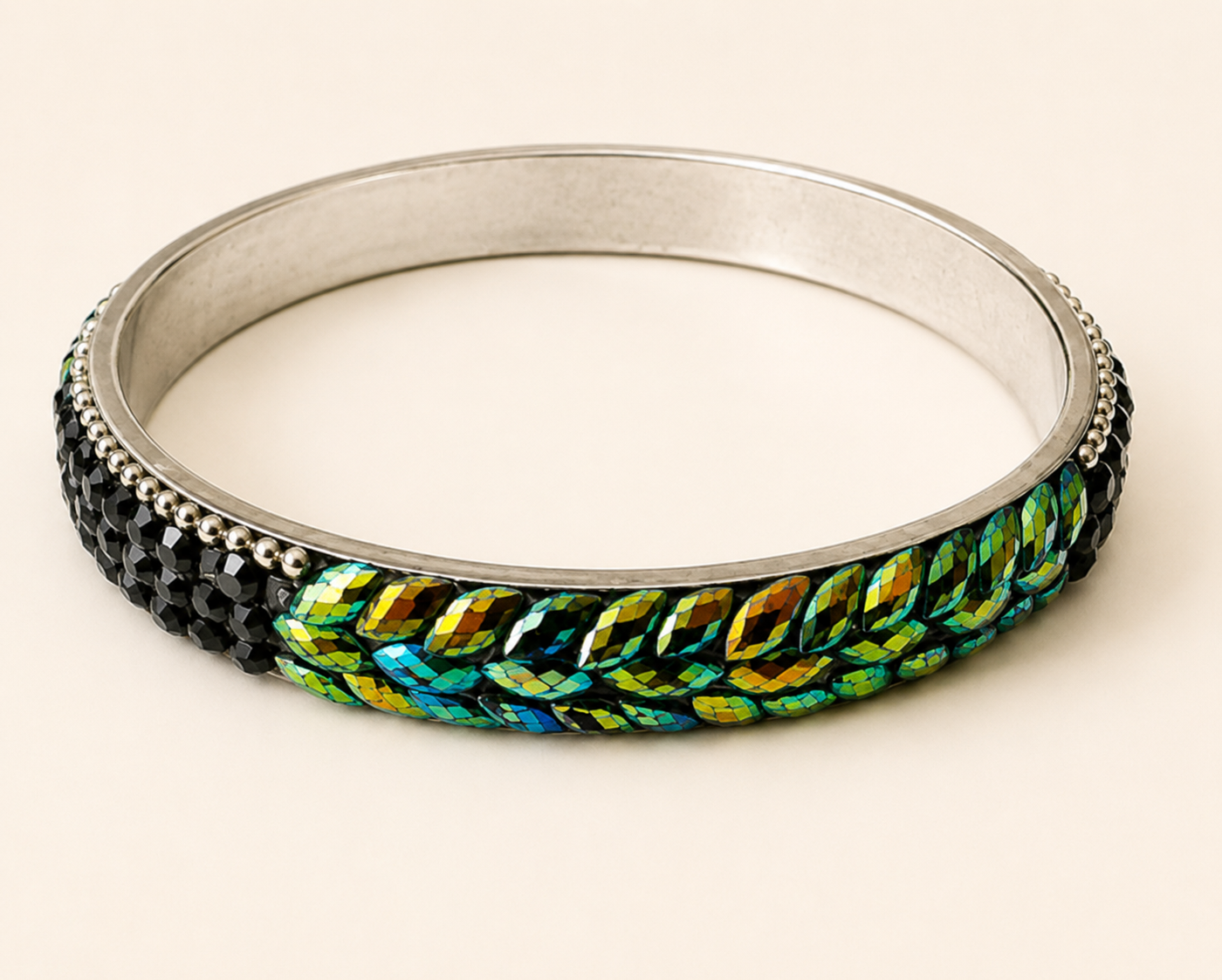 Iridescent Marquise Rhinestone Black Crystal Silver Tone Bangle Bracelet