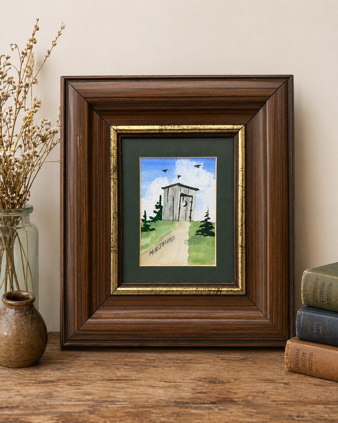 Vintage Miniature Watercolor Painting Folk Art Landscape