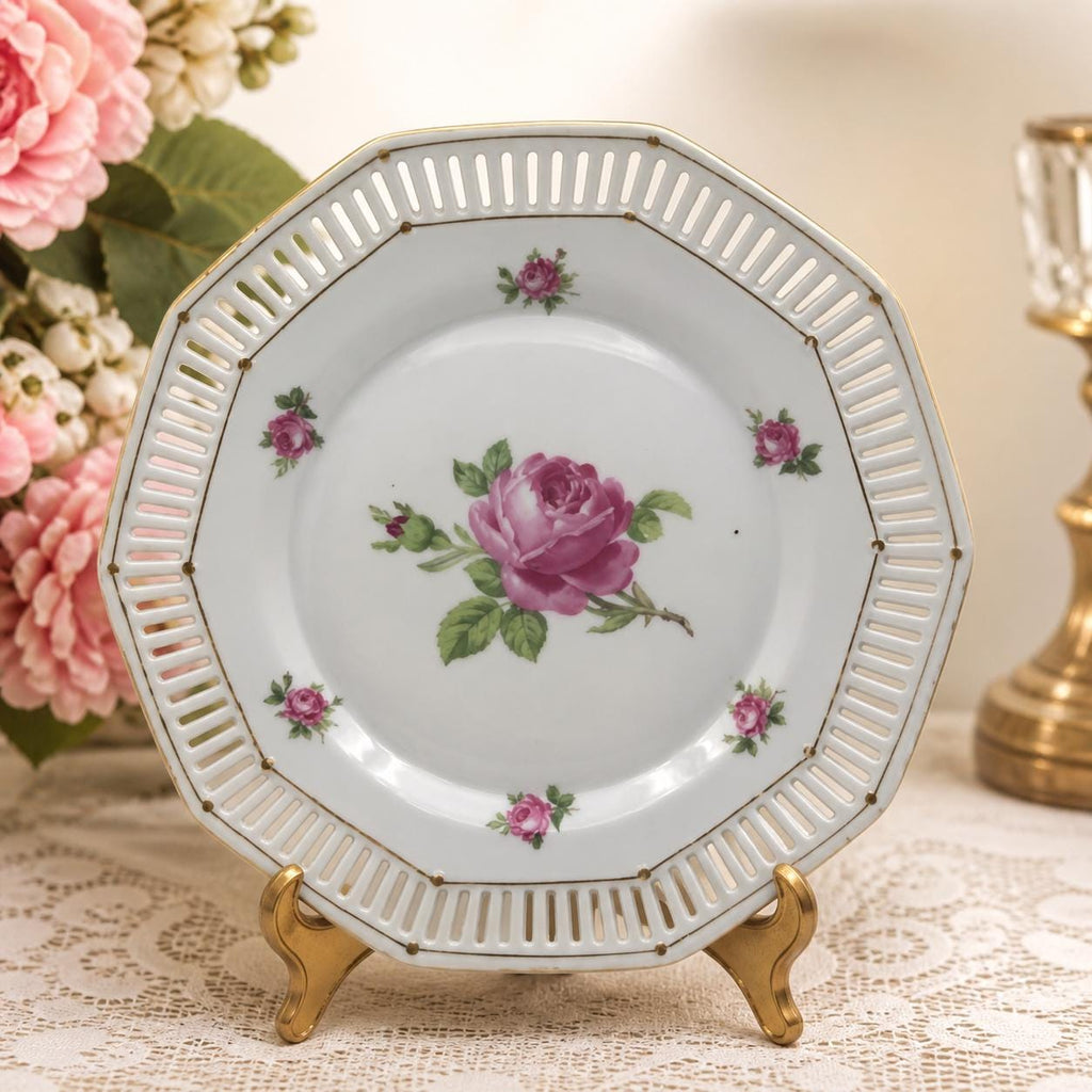 Schumann Bavaria Reticulated Pink Rose Plate Gold Trim