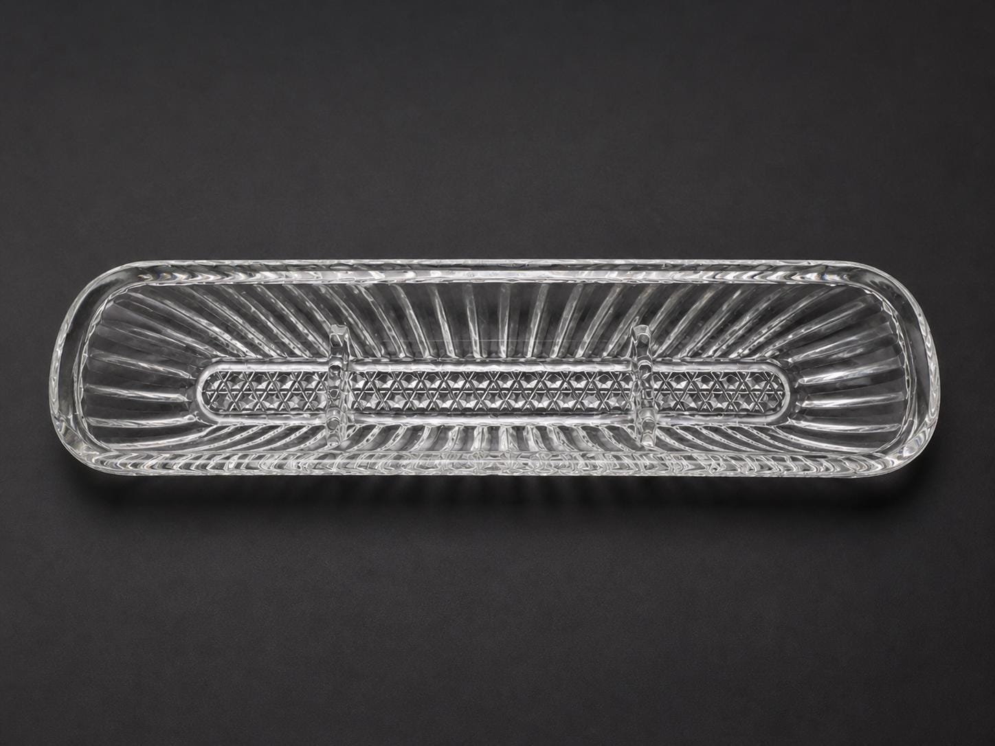 Vintage Clear Pressed Glass Celery Dish  Ribbed Relish Tray, Diamond Pattern Serving Dish