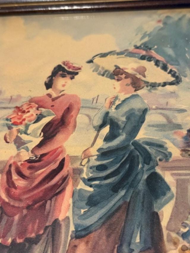 Victorian Era Ladies Artwork in Carved Wooden Frame  Vintage Wall Lithograph