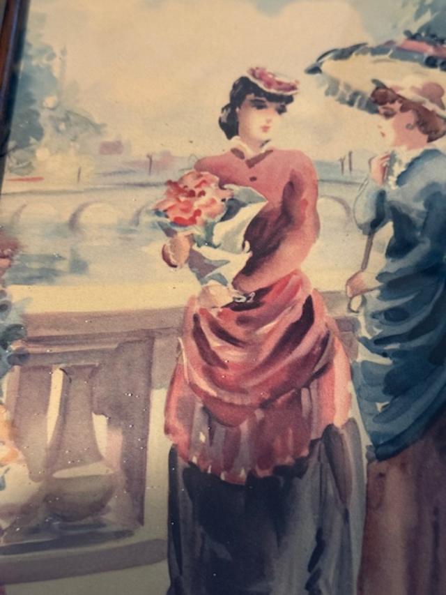 Victorian Era Ladies Artwork in Carved Wooden Frame  Vintage Wall Lithograph