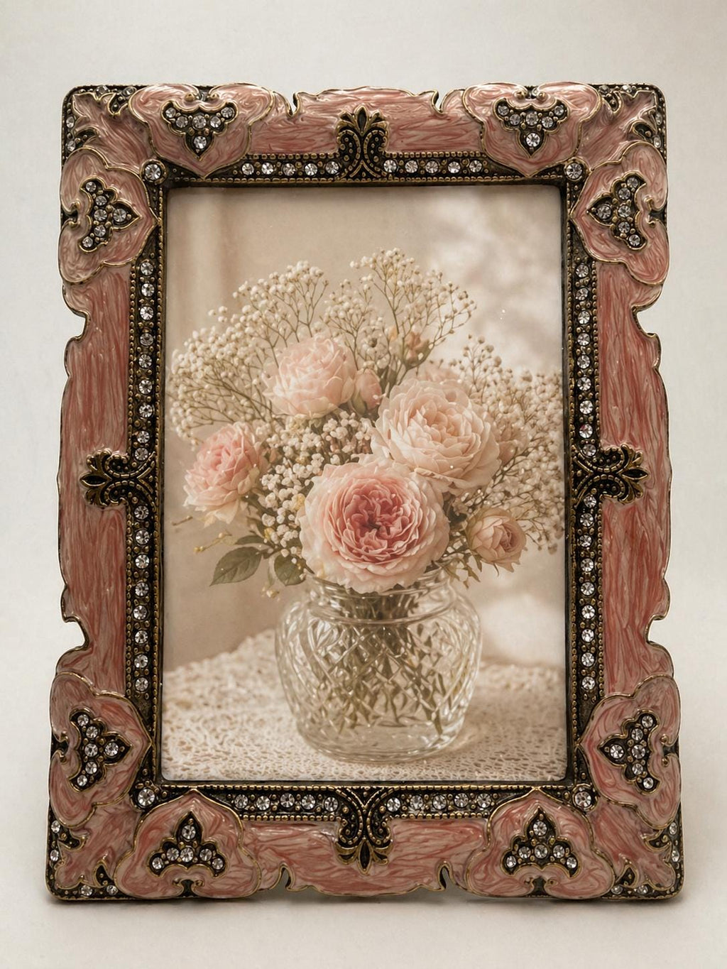 Ornate pink enamel and rhinestone metal picture frame, vintage style