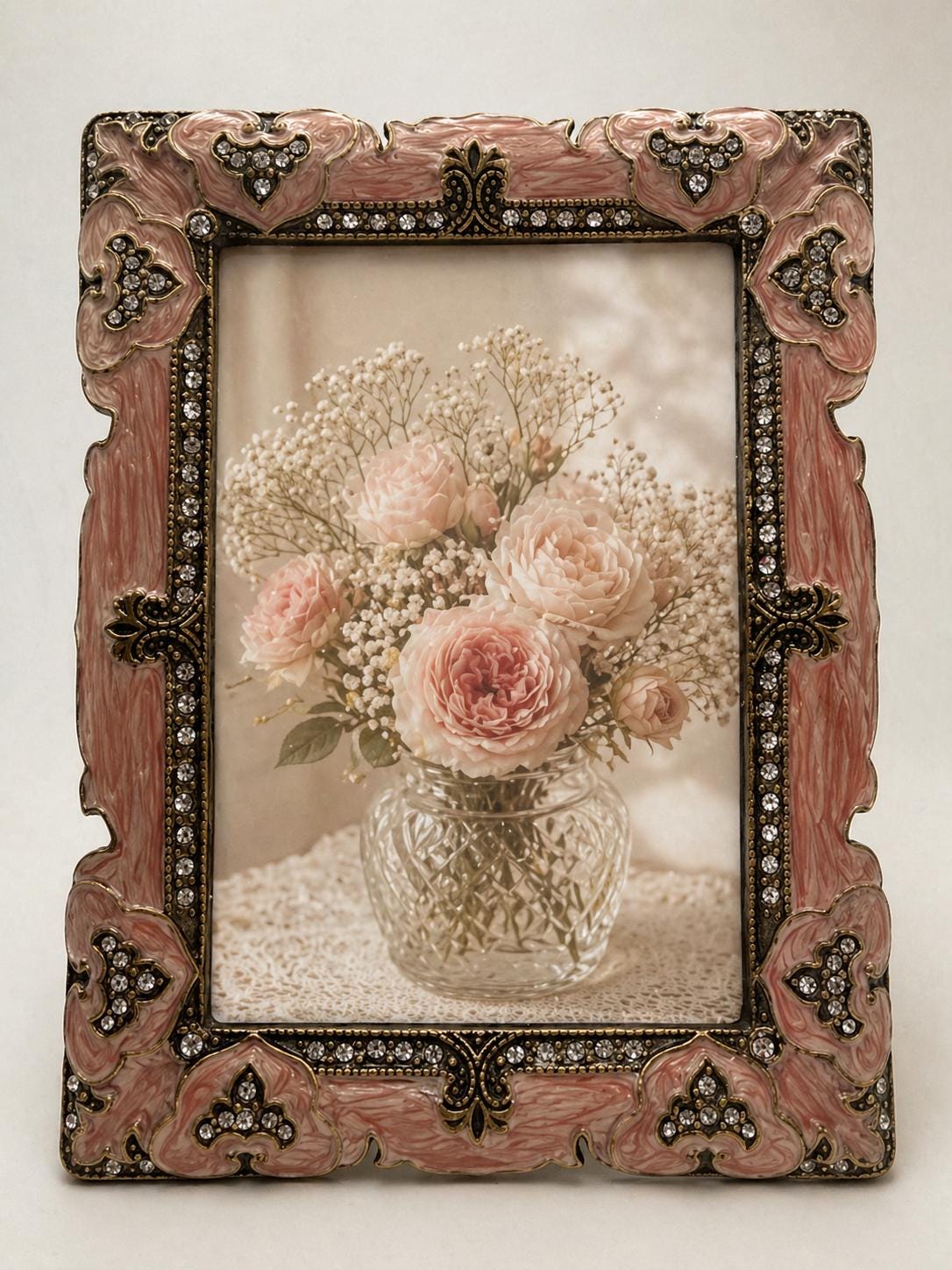 Ornate pink enamel and rhinestone metal picture frame, vintage style