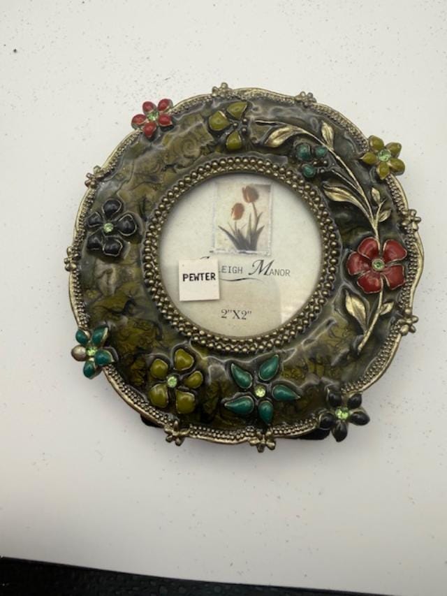 Vintage Floral Enamel Pewter Mini Picture Frame  2x2 Round Jeweled Photo Frame
