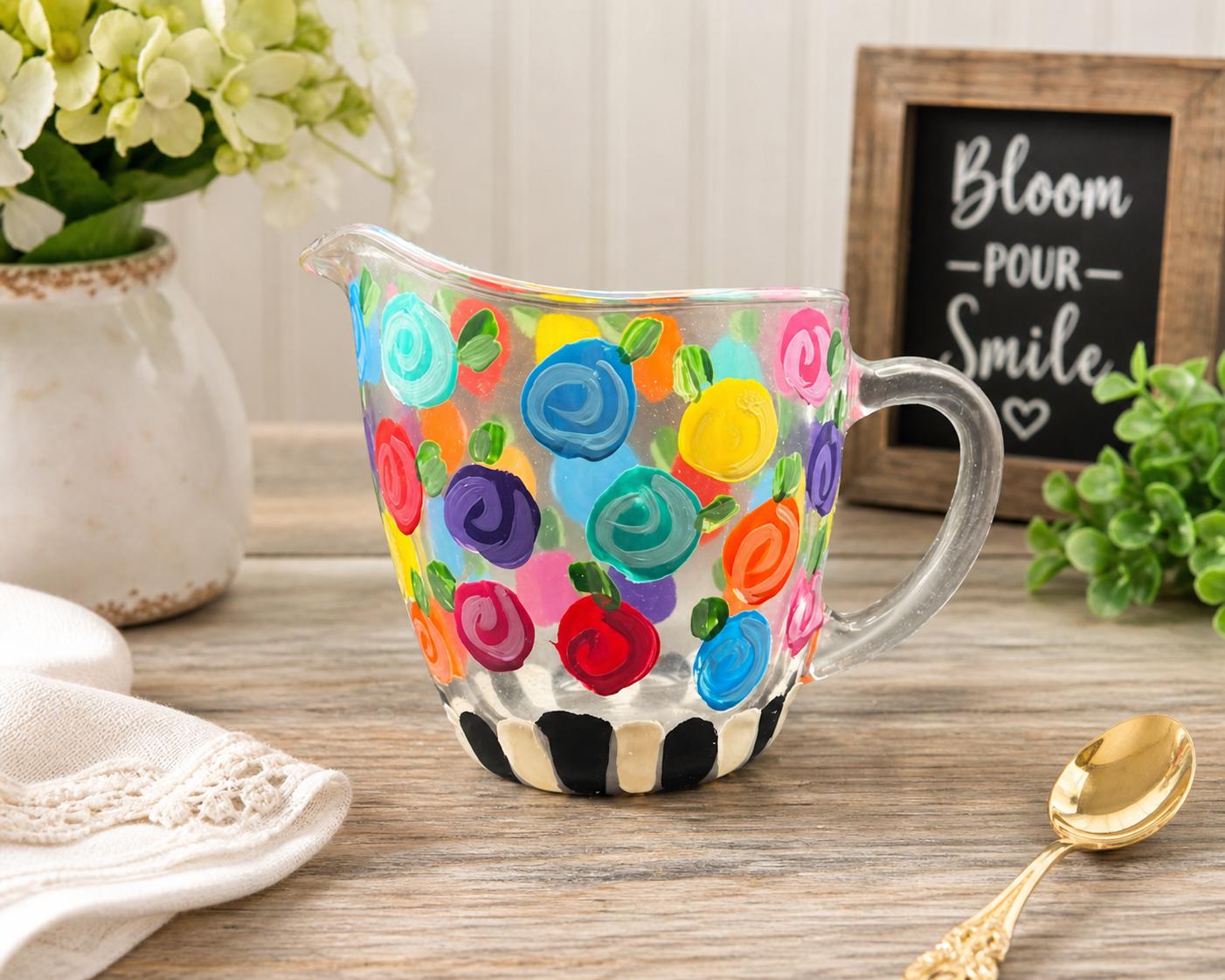 Hand painted floral clear glass creamer