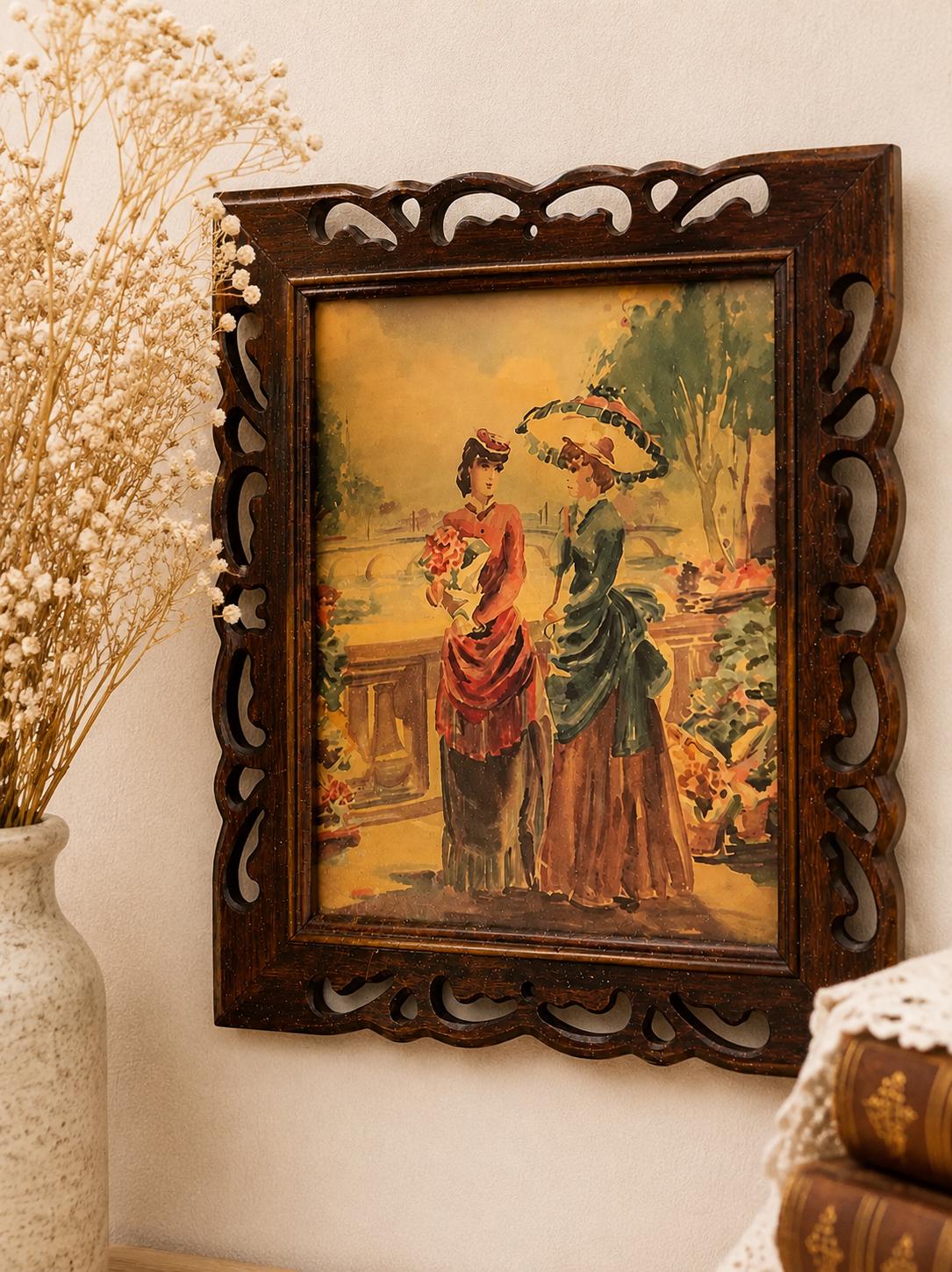 Victorian Era Ladies Artwork in Carved Wooden Frame  Vintage Wall Lithograph