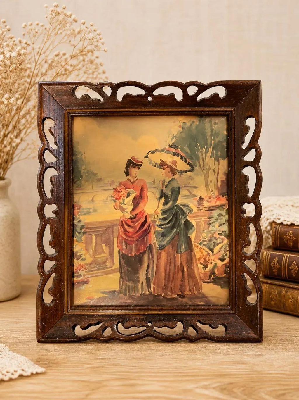 Victorian Era Ladies Artwork in Carved Wooden Frame  Vintage Wall Lithograph