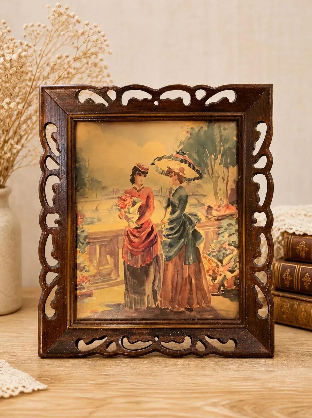 Victorian Era Ladies Artwork in Carved Wooden Frame  Vintage Wall Lithograph