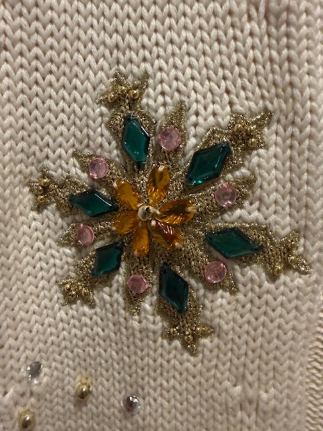 Christopher Radko Gold Star Cream Beaded Snowflake Knit Cardigan, Size Large