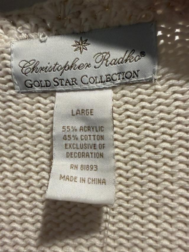Christopher Radko Gold Star Cream Beaded Snowflake Knit Cardigan, Size Large