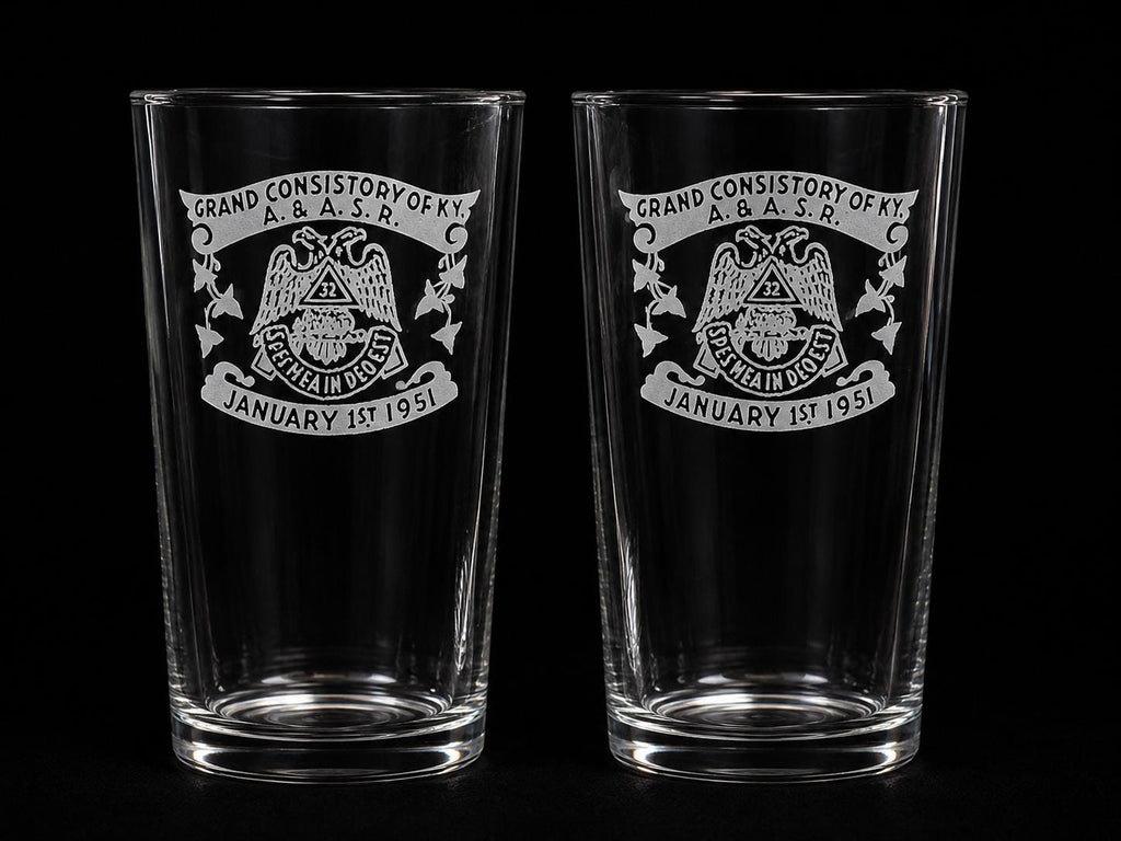 1951 Scottish Rite Masonic Glasses, Grand Consistory KY Tumblers, Vintage Fraternal Barware Pair