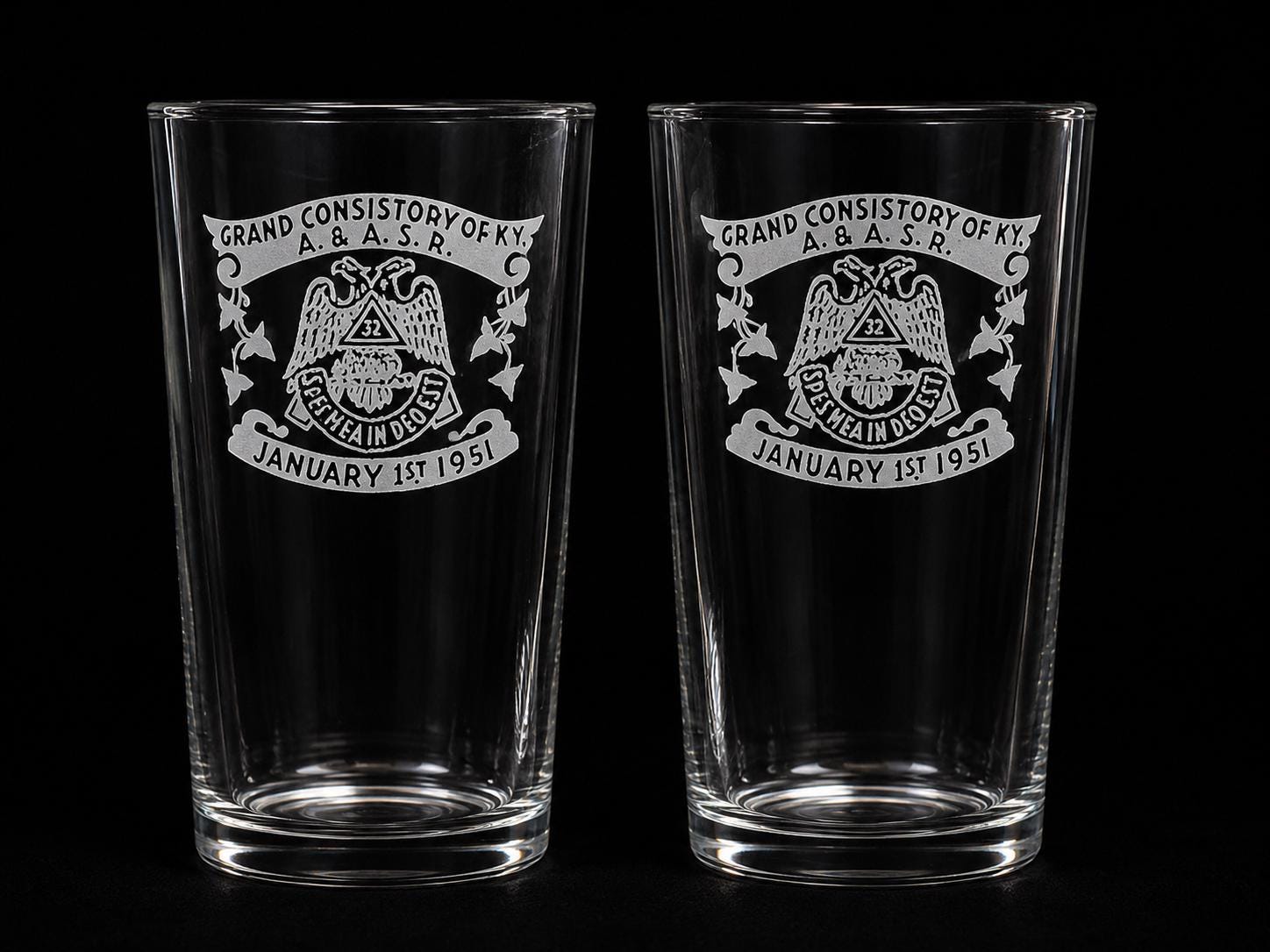1951 Scottish Rite Masonic Glasses, Grand Consistory KY Tumblers, Vintage Fraternal Barware Pair