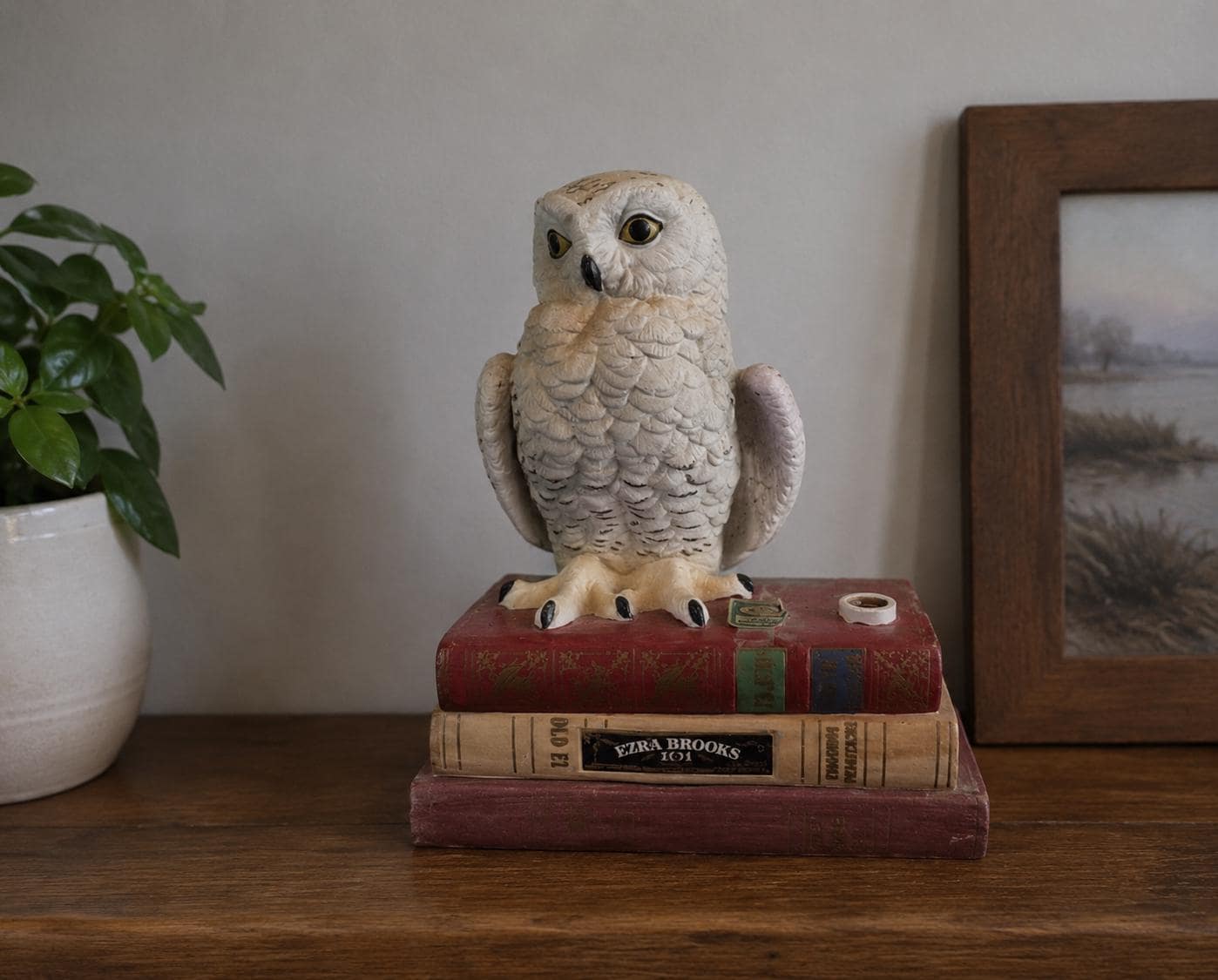 Vintage 1979 Ezra Brooks Porcelain Owl Book Decanter  Heritage China Hand Decorated