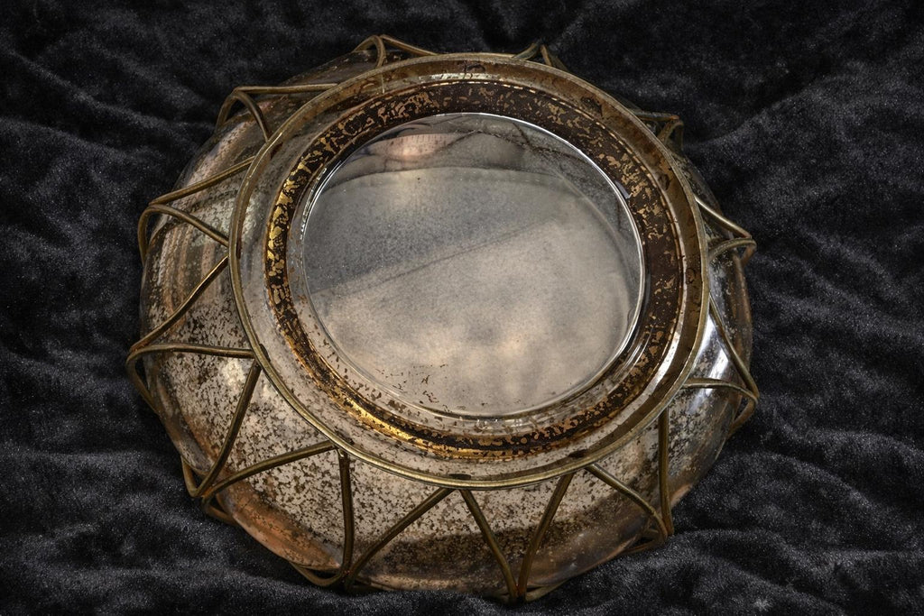 Vintage Lotus Glass Bowl, Gold Speckled Brass Frame, Mid Century Modern Hollywood Regency